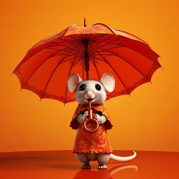 ilustracja przedstawiająca mysz trzymającą chiński parasol z jasnym oranem