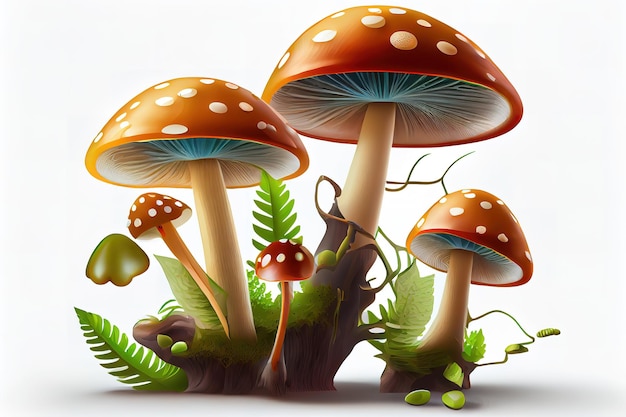Ilustracja przedstawiająca niektóre grzyby muchowe przed białym tłem Generative Ai