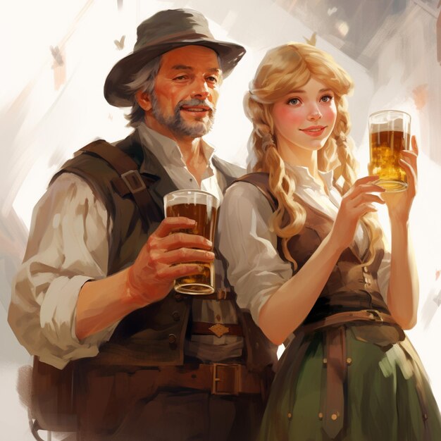Zdjęcie ilustracja przedstawiająca niemca pijącego piwo i dziewczynę pijącą piwo w typowym niemieckim ubraniu