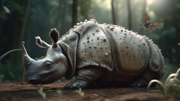 Zdjęcie ilustracja przedstawiająca nosorożca w środku lasu