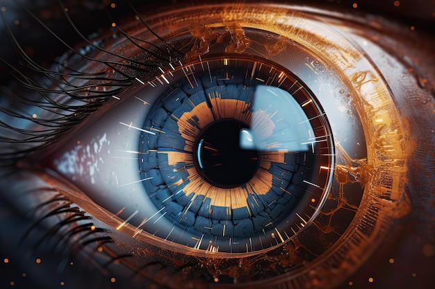 Ilustracja przedstawiająca obcego lub androida oko z rogówką i źrenicą generatywną ai