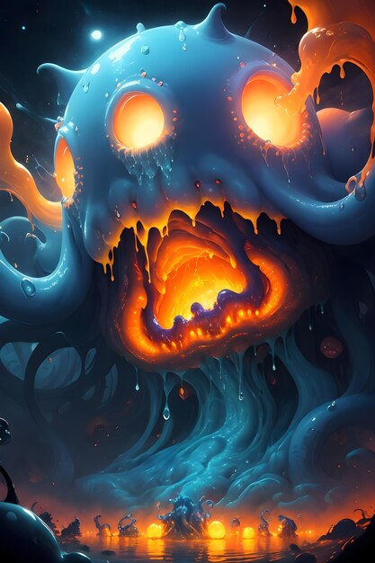 Ilustracja przedstawiająca obcego, śluzowatego potwora w tle ilustracji tapety ciemnej jaskini