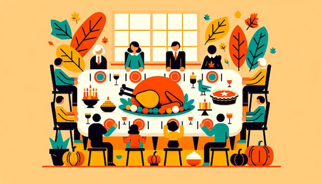 ilustracja przedstawiająca obchody Święta Dziękczynienia polegające na jedzeniu pieczonego indyka i zbieraniu żywności z rodziną