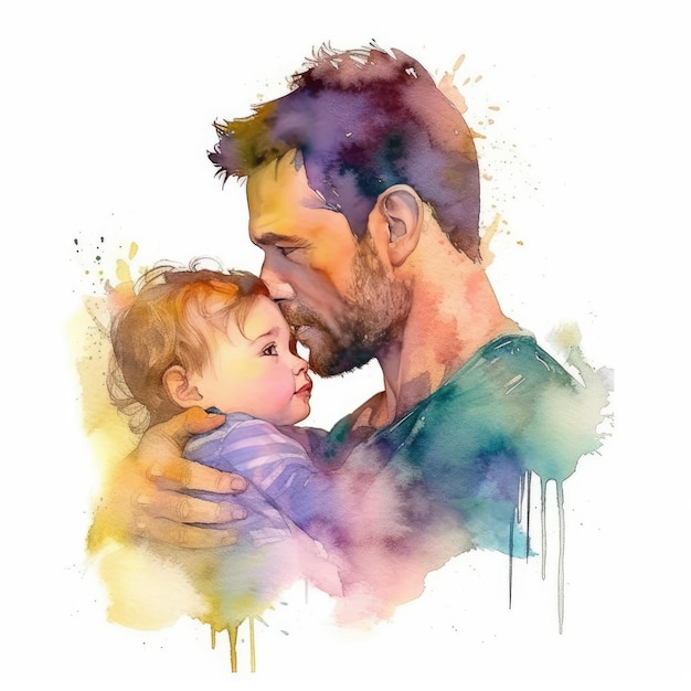 Ilustracja przedstawiająca ojca i syna przy użyciu kolorowych akwareli z wyrażeniami