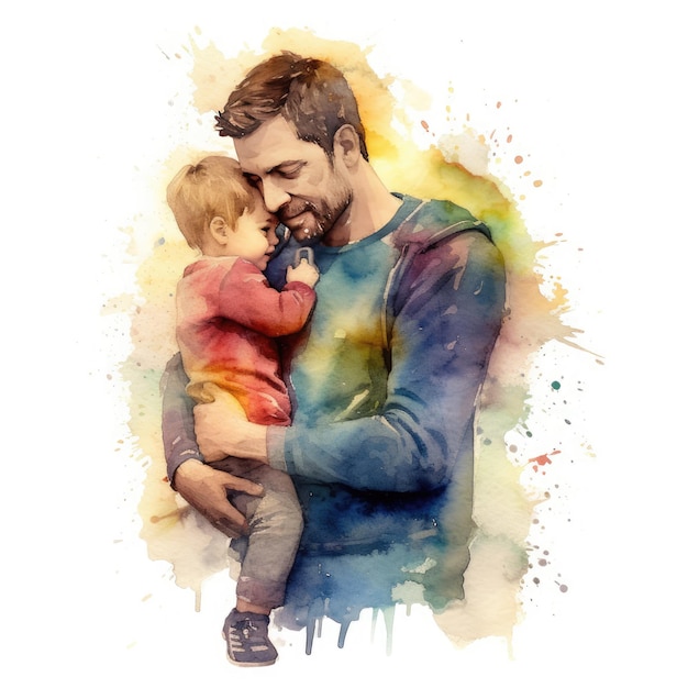 Ilustracja przedstawiająca ojca i syna przy użyciu kolorowych akwareli z wyrażeniami