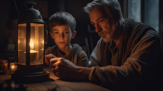 Ilustracja przedstawiająca ojca uczącego syna zapalać latarnię