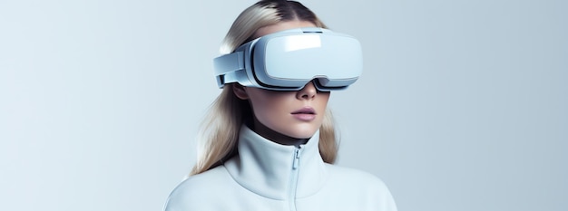 Ilustracja przedstawiająca osobę noszącą zestaw słuchawkowy VR do rzeczywistości wirtualnej, stworzona jako grafika generatywna przy użyciu sztucznej inteligencji