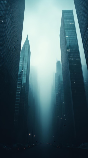 Ilustracja przedstawiająca panoramę miasta przesłoniętą mgłą