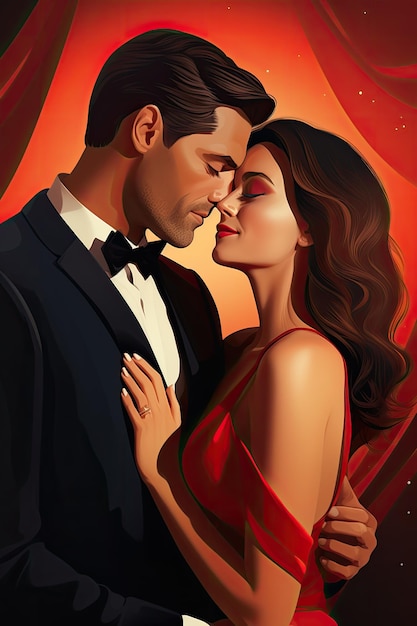 Ilustracja przedstawiająca parę w strojach wieczorowych Ona ma na sobie czerwoną sukienkę, on ma na sobie garnitur. Uśmiechają się i przytulają do siebie