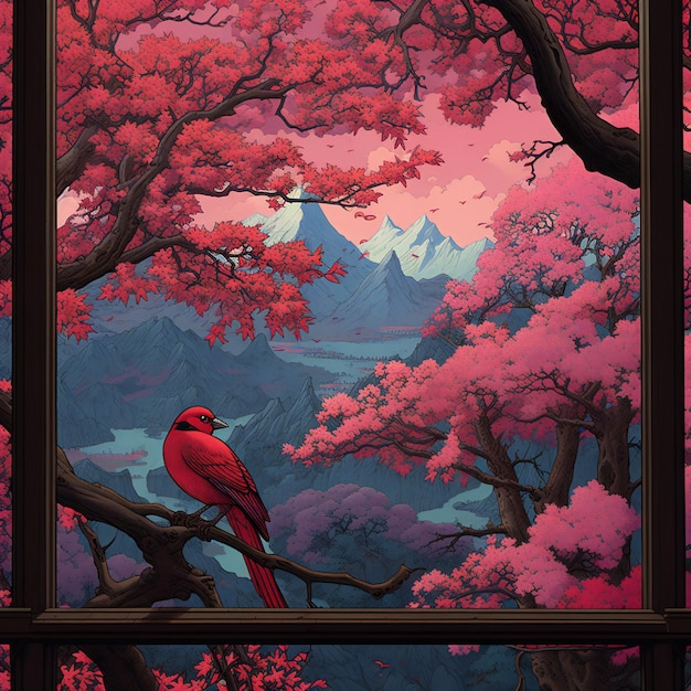 Ilustracja przedstawiająca piękny krajobraz z ptakiem siedzącym na gałęzi