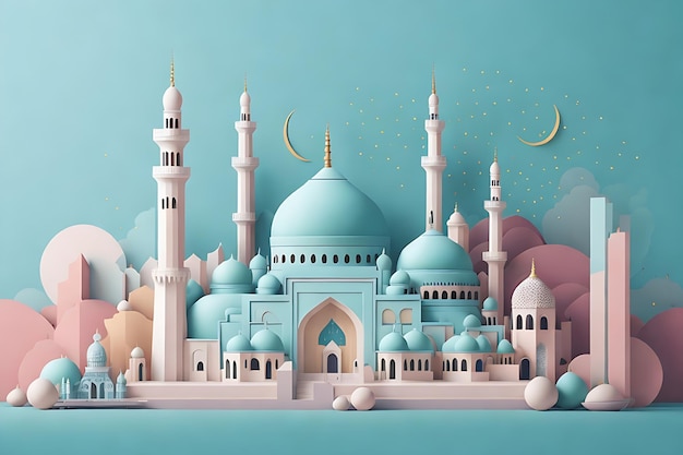 Ilustracja przedstawiająca piękny meczet w delikatnych kolorach