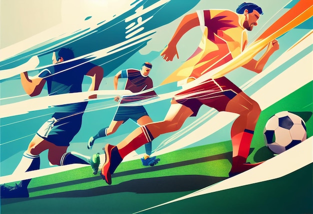 Ilustracja przedstawiająca piłkarzy rywalizujących na boisku Stworzona przy użyciu technologii Generative AI