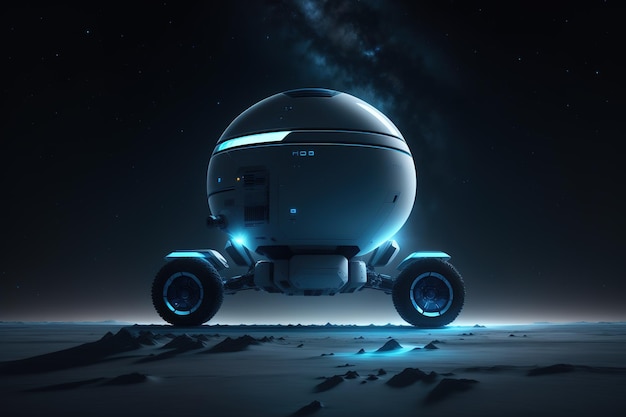 Ilustracja przedstawiająca pojazd kosmiczny z niebiesko-białym światłem, na którym widnieje napis „łazik kosmiczny”