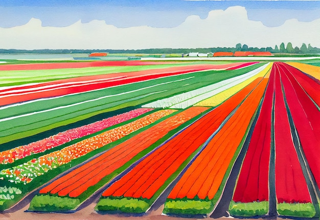 Ilustracja przedstawiająca pola tulipanów w Holandii Generatywna sztuczna inteligencja