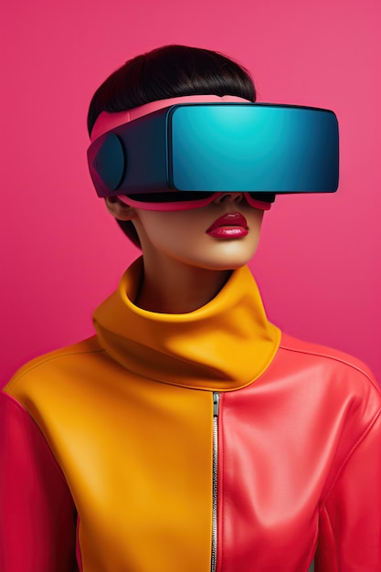 Ilustracja przedstawiająca portret mody w goglach VR rzeczywistości wirtualnej, stworzona jako grafika generatywna przy użyciu sztucznej inteligencji