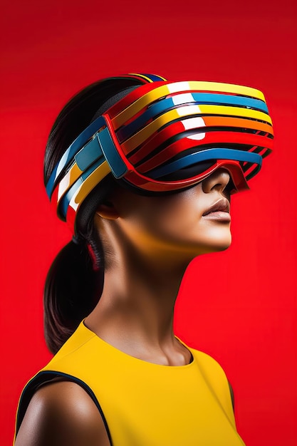 Ilustracja przedstawiająca portret mody w goglach VR rzeczywistości wirtualnej, stworzona jako grafika generatywna przy użyciu sztucznej inteligencji