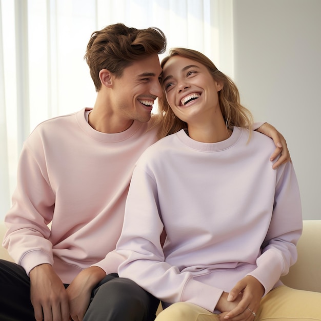 Ilustracja przedstawiająca portret pary z makietą zwykłego swetra utworzoną jako grafika generatywna przy użyciu sztucznej inteligencji