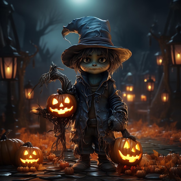 Ilustracja przedstawiająca postać Halloween trzymającą dynie z miotłami na podwórku