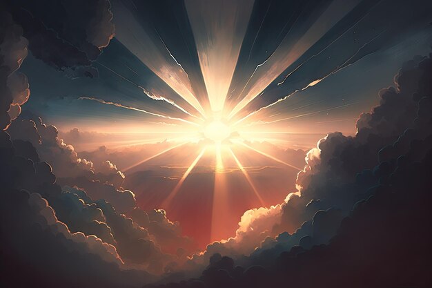Ilustracja przedstawiająca promień słońca przedzierający się przez chmury o zmierzchu