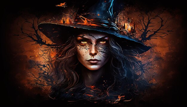 Ilustracja przedstawiająca przerażające kobiety w kostiumie czarownicy na tle Halloween Generatywne ai