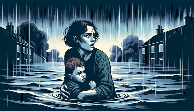 Ilustracja przedstawiająca przerażoną matkę chroniącą młodego syna przed powodzią