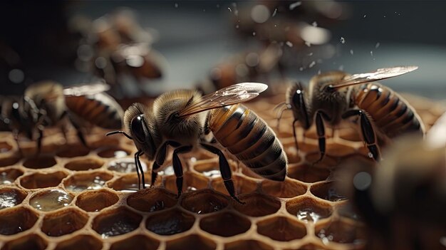 Ilustracja przedstawiająca pszczoły widziane z bliska