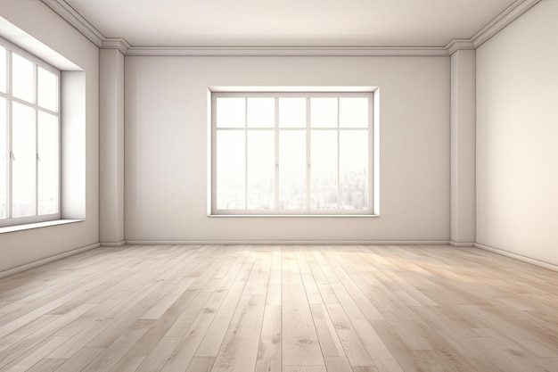 Ilustracja przedstawiająca pusty pokój z naturalnym światłem wpadającym przez dwa okna i drewnianą podłogę Generative AI