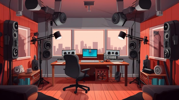 Ilustracja przedstawiająca realistyczne studio podcastowe