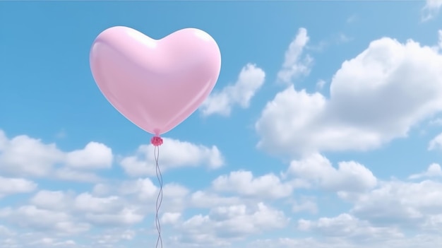 Ilustracja przedstawiająca różowy balon w kształcie serca unoszący się na niebie