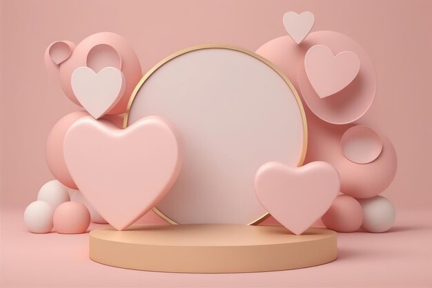 Ilustracja przedstawiająca różowy stojak na produkty z sercami na temat walentynek w generowaniu sztucznej inteligencji w stylu 3d