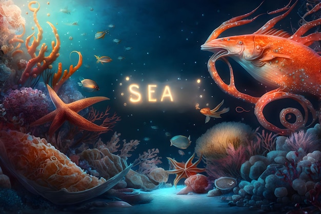 Ilustracja przedstawiająca rybę i rybę ze słowem morze