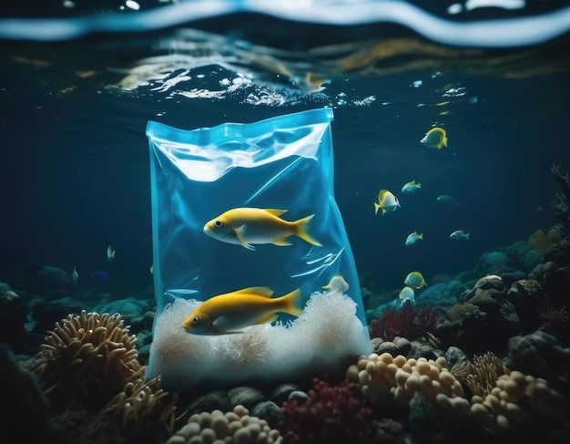 Ilustracja przedstawiająca rybę na obrazie AI zanieczyszczonego oceanu
