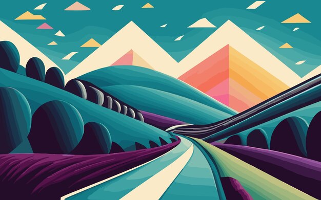 Ilustracja przedstawiająca samotną drogę w górach Ilustracja wektorowa w surrealistycznym stylu retro