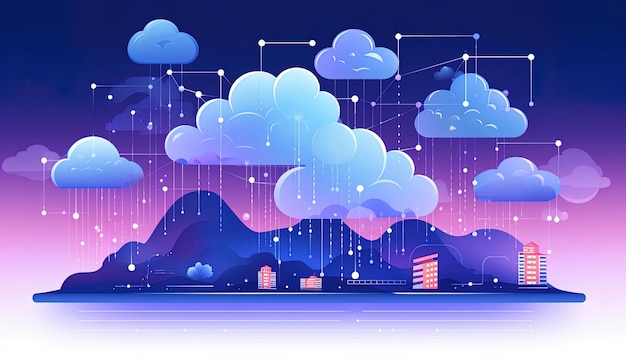 Ilustracja przedstawiająca sieć wzajemnie połączonych chmur reprezentujących usługi w chmurze i centra danych