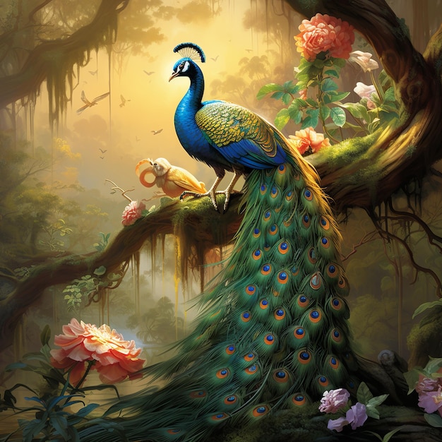 ilustracja przedstawiająca siedzącego majestatycznego pawia z opalizującymi piórami