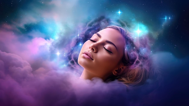 Ilustracja przedstawiająca śpiącą i śniącą kobietę Wróżka rozważa duchowość umysłu i serca
