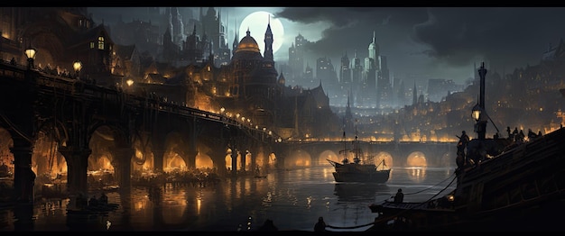 Ilustracja przedstawiająca steampunkowe miasto