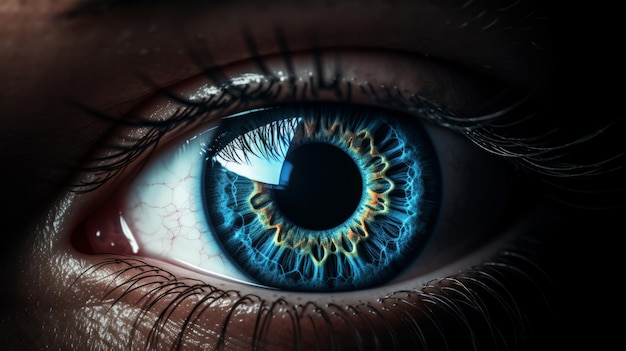 Ilustracja przedstawiająca szczegółowe zbliżenie tętniącego życiem niebieskiego oka