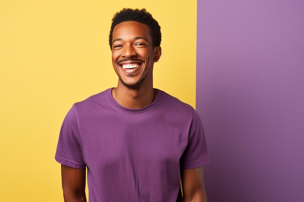 ilustracja przedstawiająca szczęśliwego mężczyznę ubranego w fioletową koszulkę uśmiecha się na tle