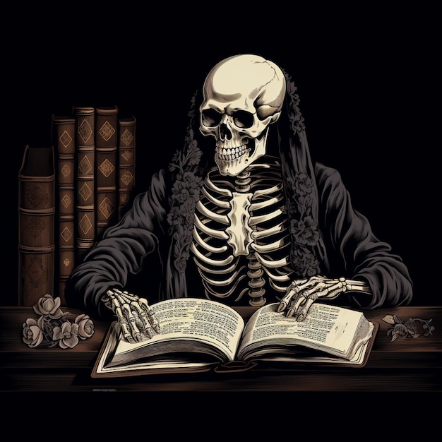Ilustracja przedstawiająca szkielet bibliotekarza, gotycki projekt książki do etui na kubek