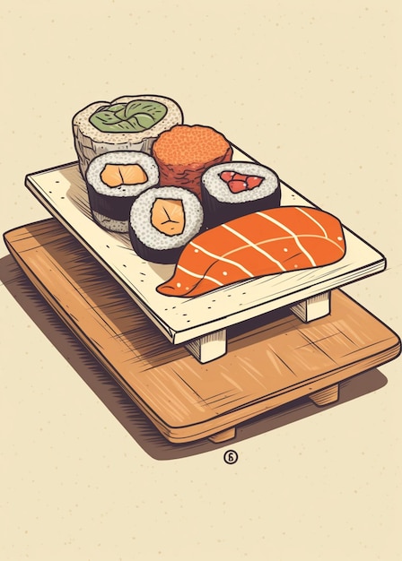 Ilustracja przedstawiająca talerz sushi z napisem