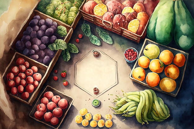 Ilustracja przedstawiająca targ owocowo-warzywny z różnymi świeżymi produktami