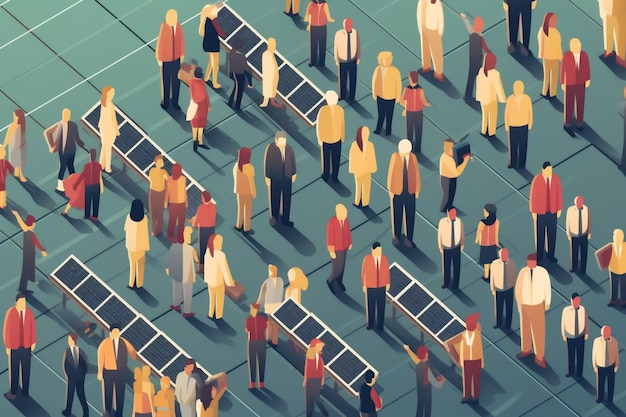 Ilustracja przedstawiająca tłum ludzi i panele słoneczne Generative AI