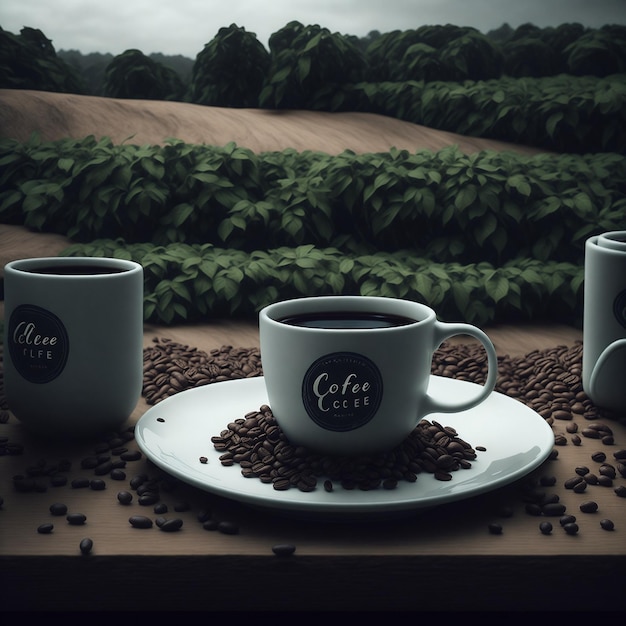 Ilustracja przedstawiająca trzy filiżanki kawy i ziaren kawy na stole