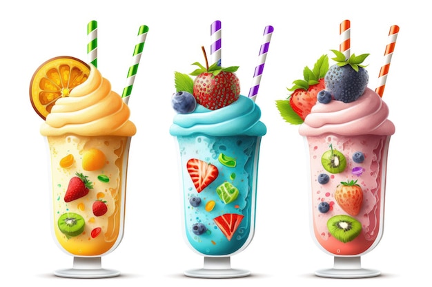 Ilustracja przedstawiająca trzy koktajle owocowe lub koktajle w szklankach ze słomkami