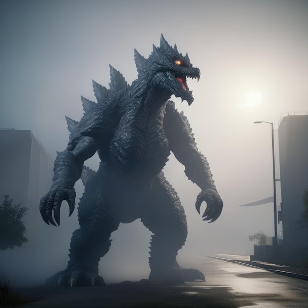 Ilustracja przedstawiająca ultrarealistycznego Kaiju w dramatycznej lekkiej mgle