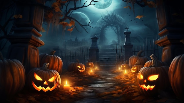 Ilustracja przedstawiająca upiorną scenę Halloween ze świecącymi dyniami jackolantern