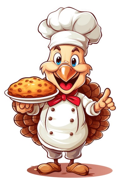 Ilustracja przedstawiająca uroczego szefa kuchni z indyka trzymającego ciasto w dłoni na Święto Dziękczynienia