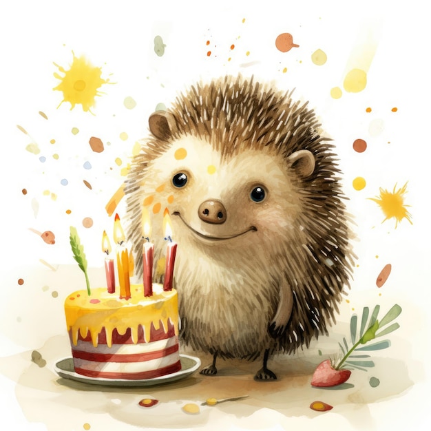 Ilustracja przedstawiająca uroczego uśmiechniętego jeża z tortem urodzinowym