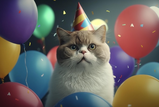 Ilustracja przedstawiająca urodziny uroczego kota Z generatywną sztuczną inteligencją kapelusza i balonu